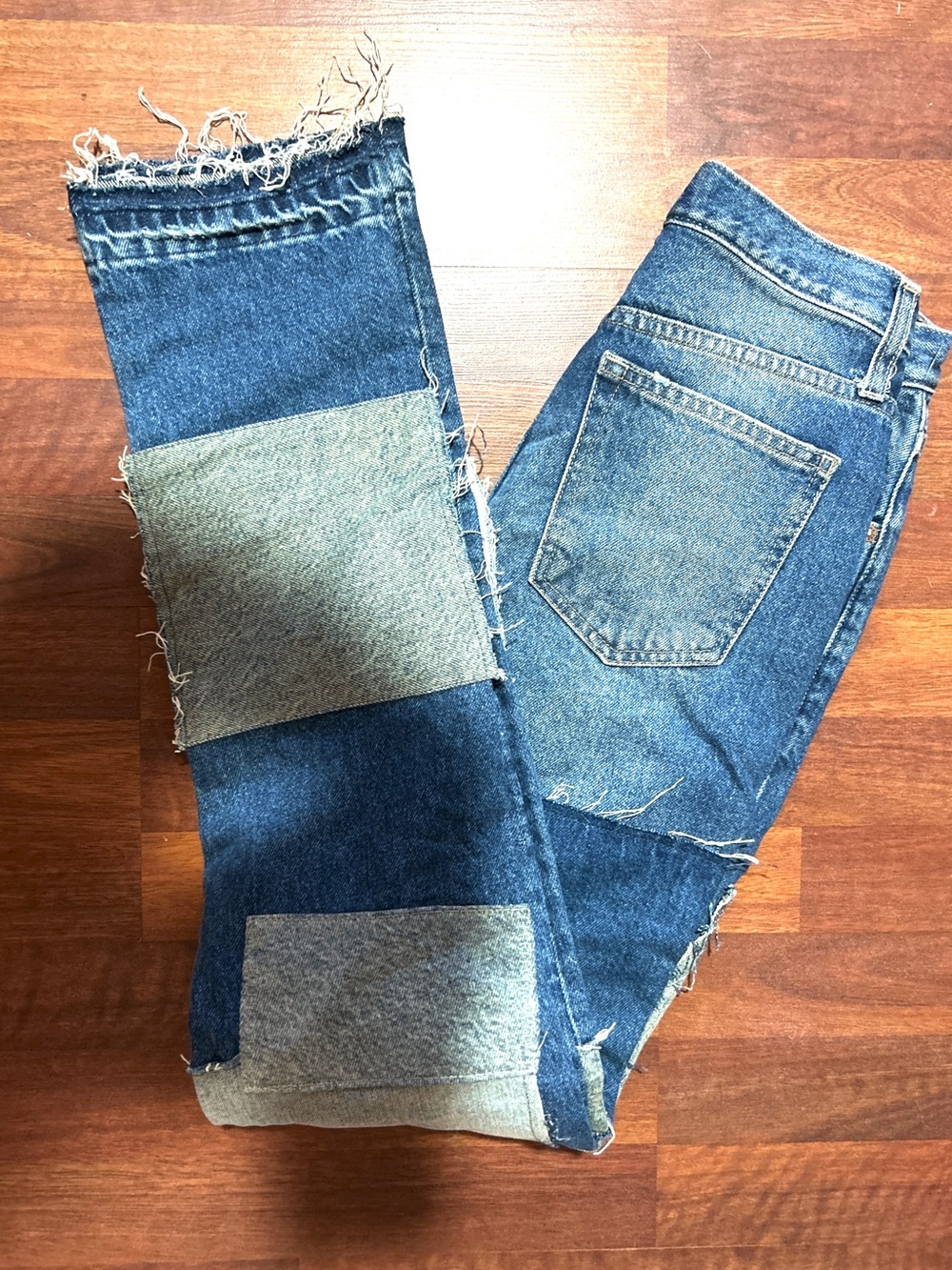 We The Free Blue Patchwork Straight Leg Jeans with Frayed Hem